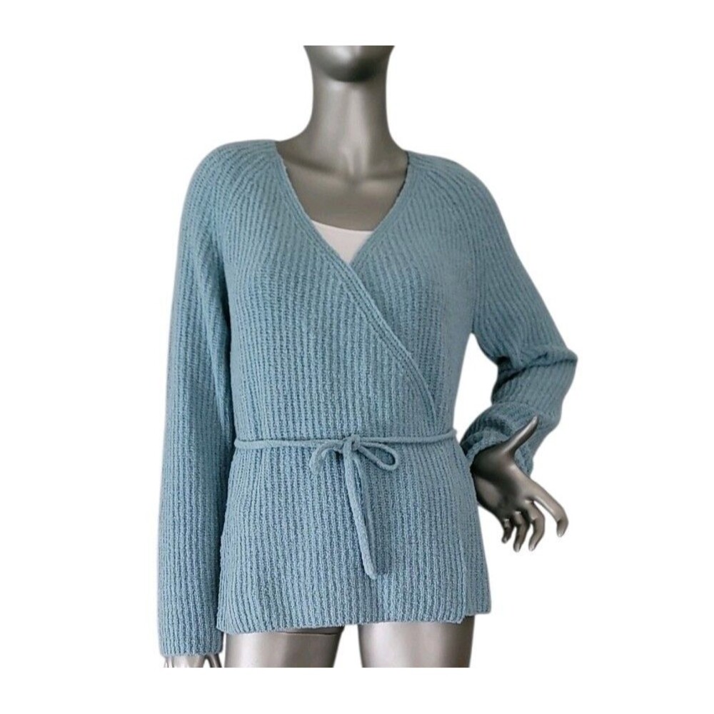 Eileen Fisher Blue Ribbed Knit Tie-Waist Open Front V-Neck Cardigan Size Small